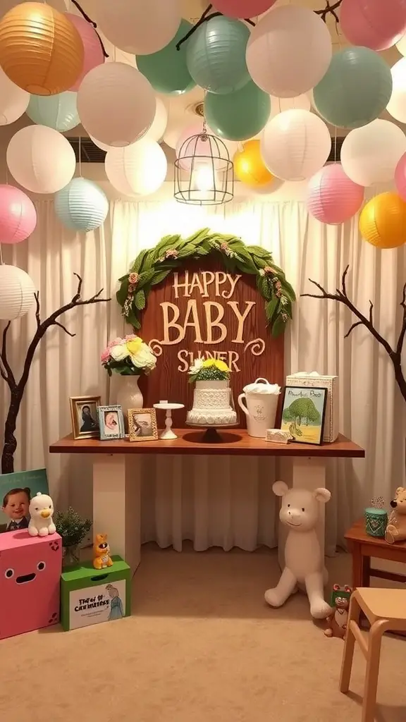 25 Creative Baby Shower Themes for September Celebrations 14 A cheerful baby shower setup featuring colorful lanterns, a wooden sign saying 'Happy Baby Shower', storybooks, and soft toys.