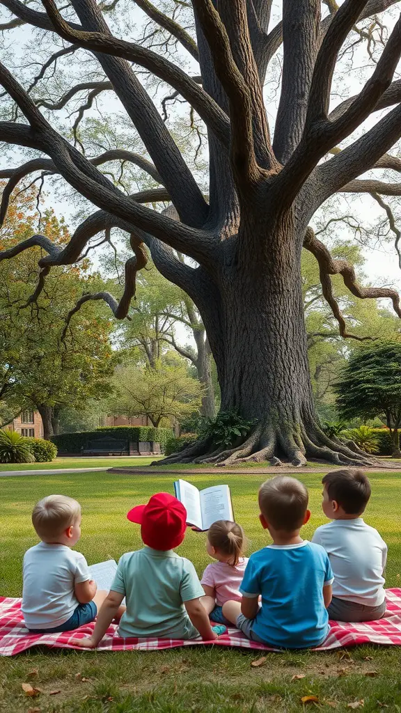 13 Fun Park Birthday Party Ideas for an Unforgettable Celebration 14 Children sitting on a blanket under a large tree, engaged in storytime with an open book.