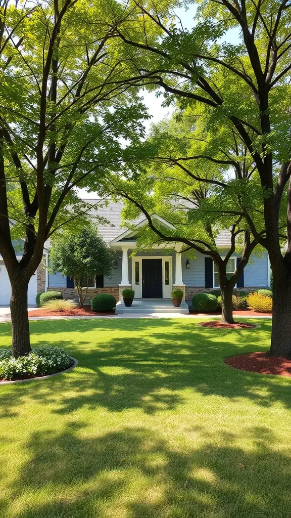 13 Simple Landscaping Ideas for Your Front Yard 6 A front yard with two trees providing shade in front of a house.