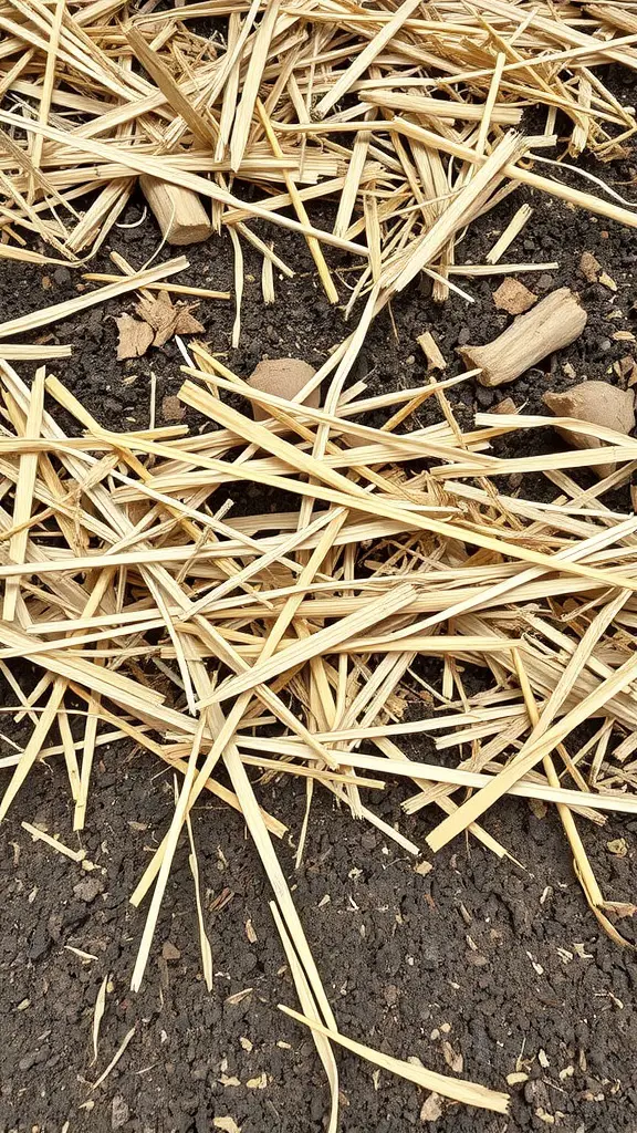 15 Creative Weed Barrier Ideas for Your Garden 5 A close-up view of straw spread over dark soil, showcasing its use as a weed barrier.