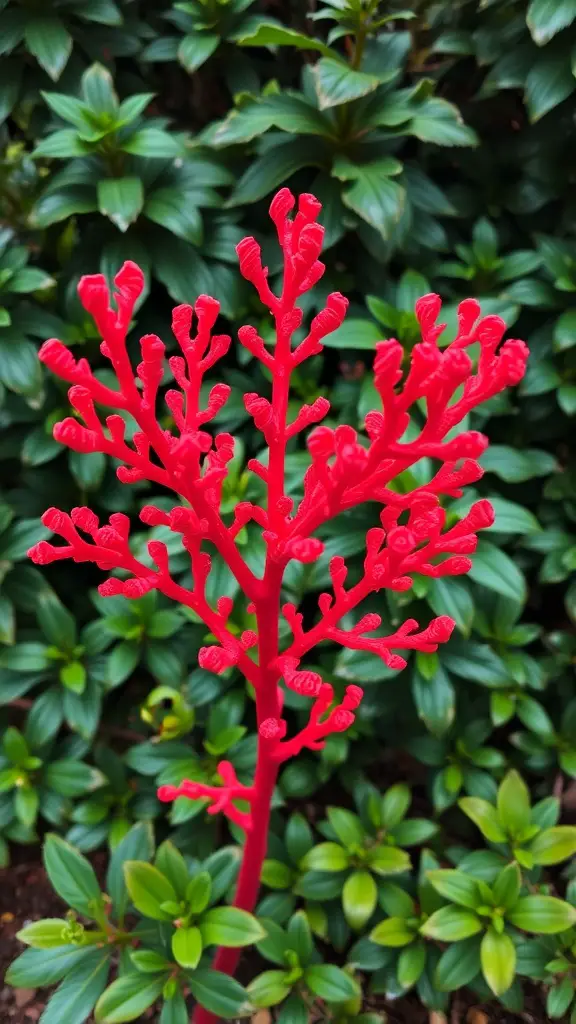 19 Colorful Plant Ideas to Brighten Your Space 6 A striking red coral plant set against green foliage.