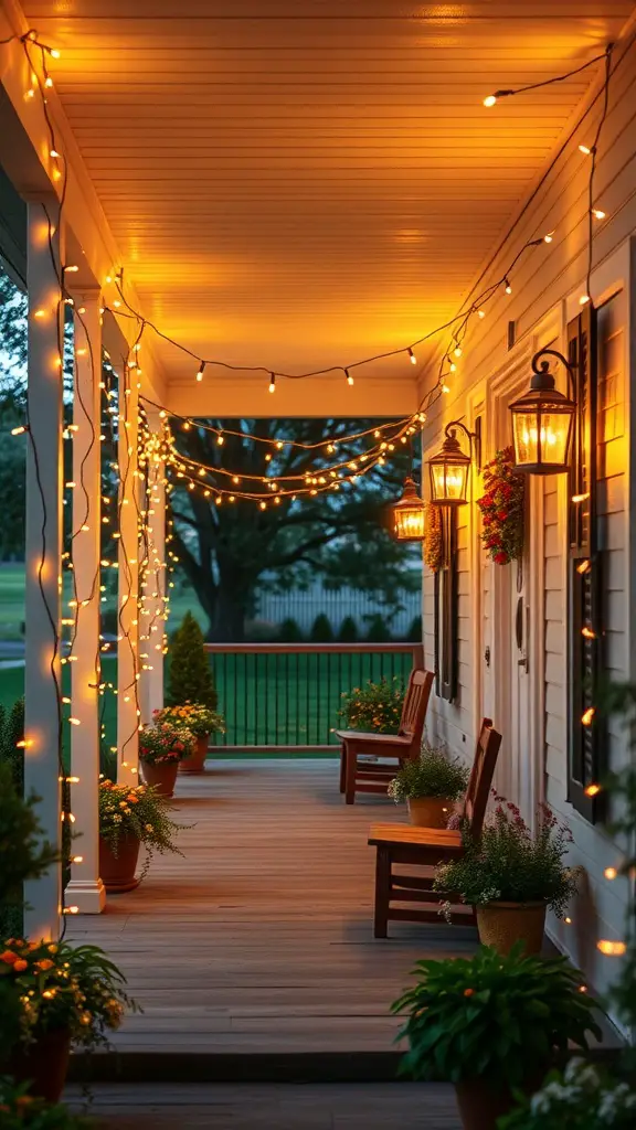 A cozy farmhouse porch with string lights and flower pots, creating a warm evening atmosphere.