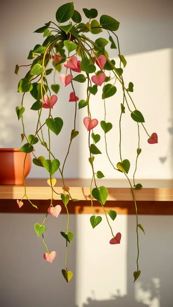 15 Stunning Indoor Hanging Plants to Transform Your Space 5 A String of Hearts plant with heart-shaped leaves cascading from a shelf.