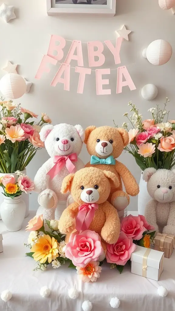 29 Adorable Baby Shower Centerpiece Ideas You’ll Love 4 A cheerful baby shower centerpiece featuring stuffed animals, flowers, and a decorative banner.