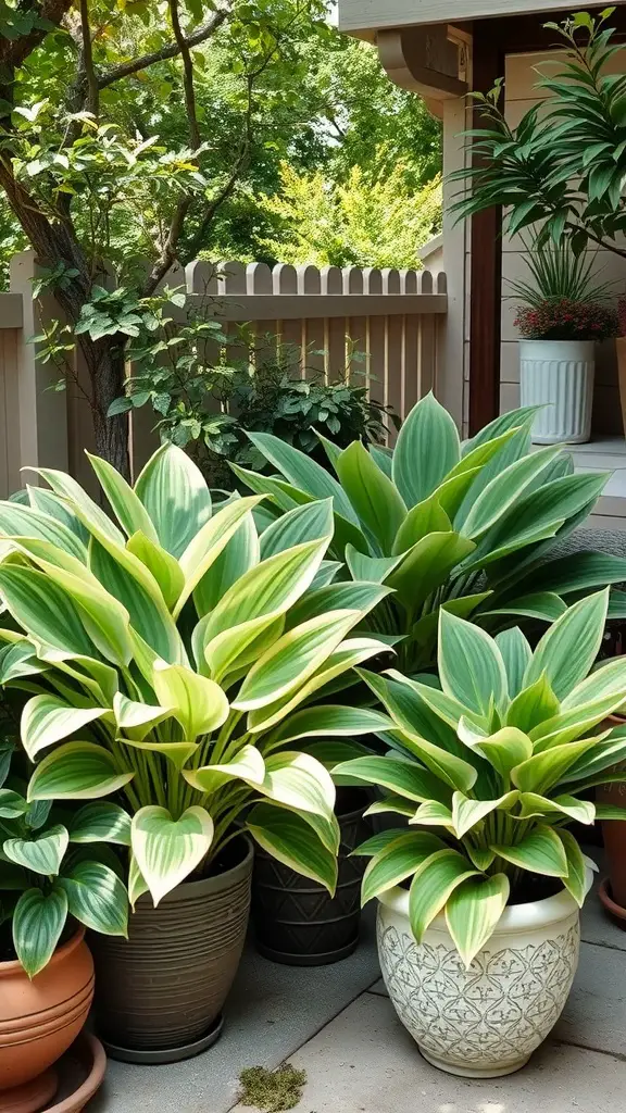 Beautifully arranged hostas in various containers on a patio
