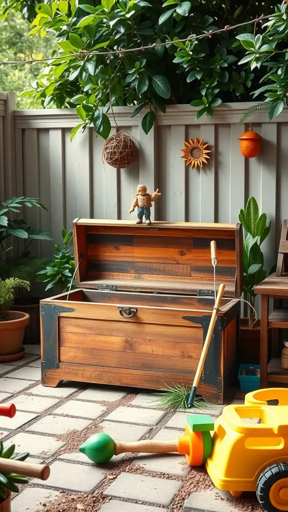 23 Creative Outdoor Toy Storage Ideas for a Clutter-Free Yard 4 A rustic wooden toy chest in a garden setting, decorated with plants, a sun-shaped decor, and a small toy figure on top.