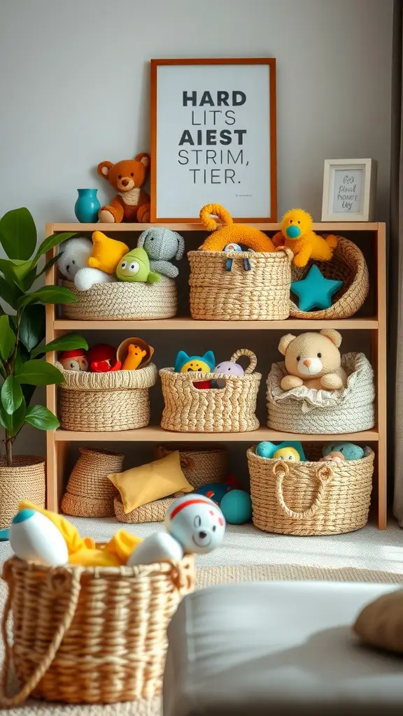 25 Creative Living Room Toy Storage Ideas for a Clutter-Free Space 5 A living room shelf filled with stylish woven baskets, each containing colorful toys and plush animals.
