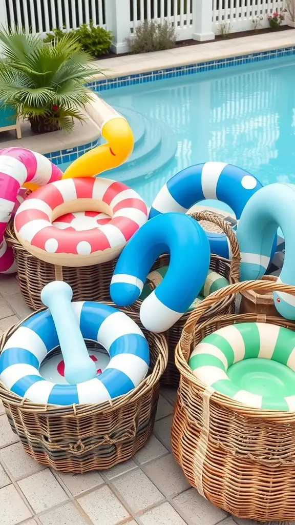19 Creative Pool Float Storage Ideas You'll Love 5 Colorful pool floats stored in stylish woven baskets by a swimming pool.