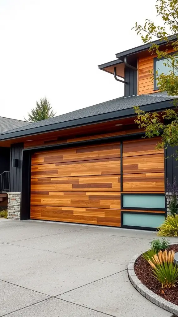 A modern garage door made of wood and metal with a sleek design.