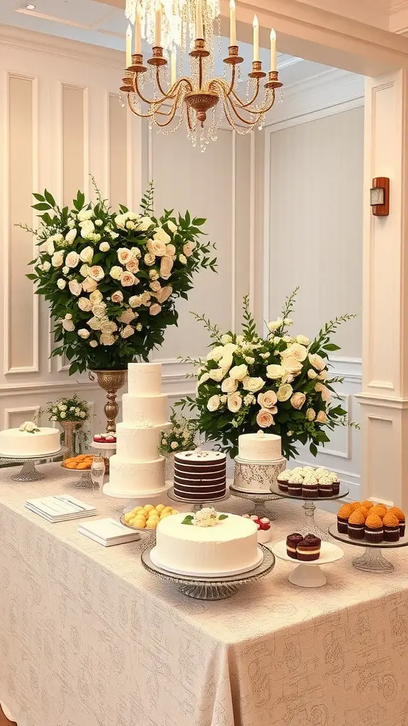 21 Stunning Indoor Wedding Ideas You've Got to See 10 A beautifully arranged dessert table for a wedding featuring white and chocolate cakes, pastries, and floral decorations.