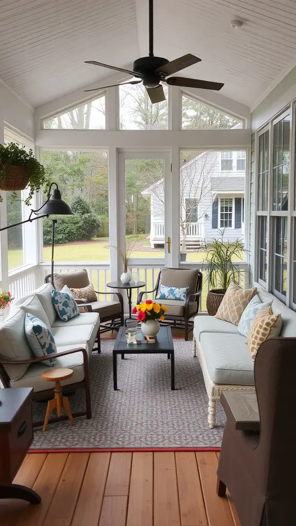A cozy screened-in porch with stylish furniture including light-colored cushions, a coffee table, and decorative pillows.