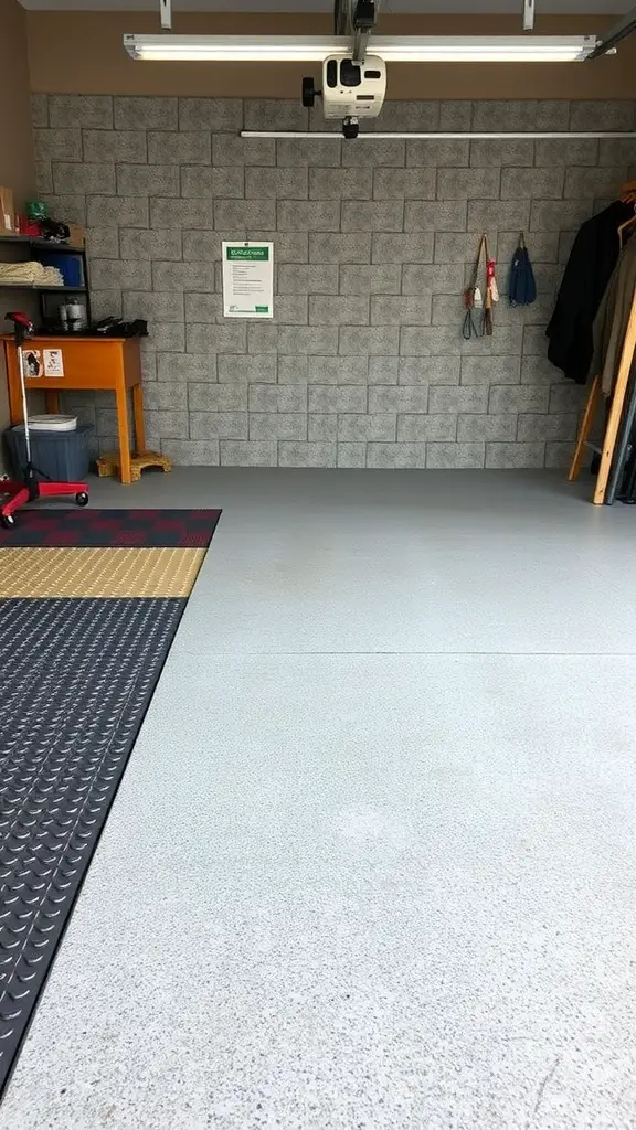 29 Creative Garage Interior Ideas You’ll Love 2 Stylish garage interior with light-colored flooring and rubber mats.