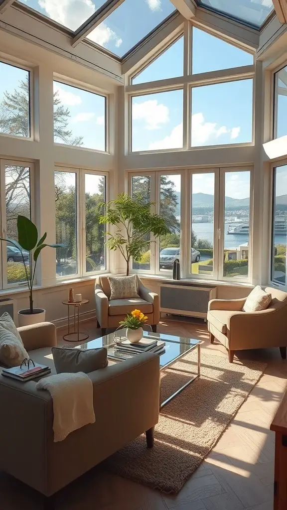 A bright lounge area with large windows, cozy seating, and a view of nature.