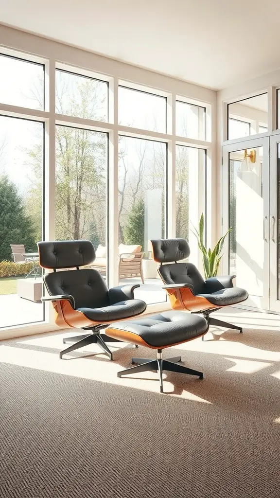 A bright sunroom featuring two stylish lounge chairs with footrests, surrounded by large windows and greenery.