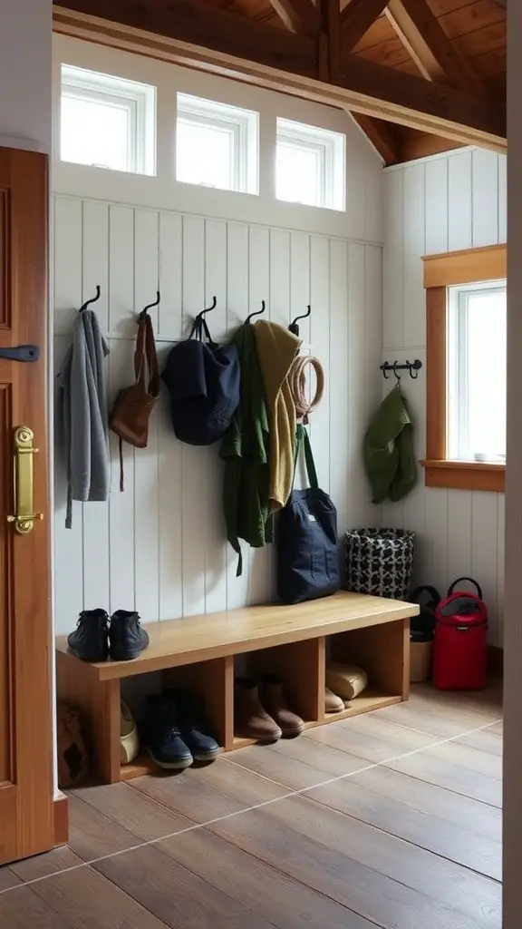 A stylish mudroom with a bench, storage, and organized coats and shoes.