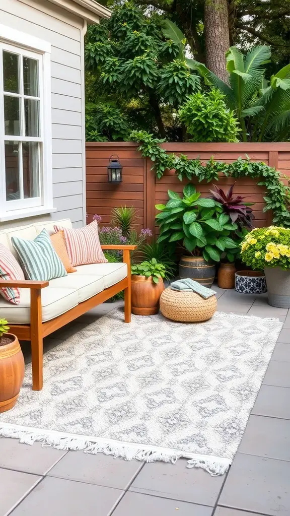 23 Charming French Patio Ideas to Transform Your Outdoor Space 12 A stylish outdoor patio with a patterned rug, comfortable couch, and surrounding plants.