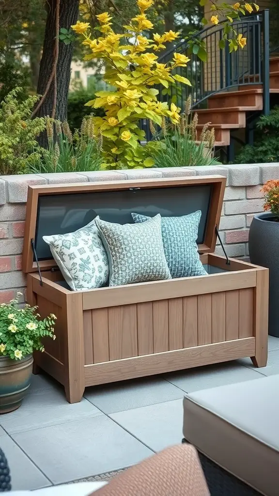 25 Clever Outdoor Storage Ideas to Maximize Space 7 A wooden outdoor storage chest with throw pillows inside, surrounded by greenery on a patio.