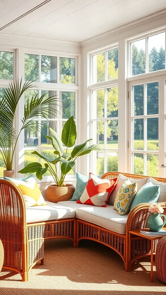 A cozy rattan sofa set in a bright sunroom, surrounded by large windows and colorful throw pillows.