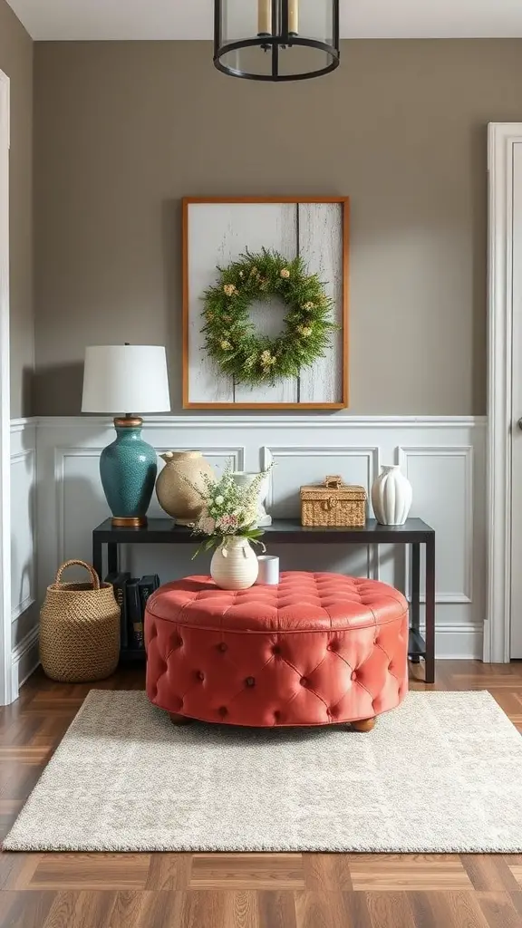A stylish round red tufted ottoman in a living room setting with decorative items around it.