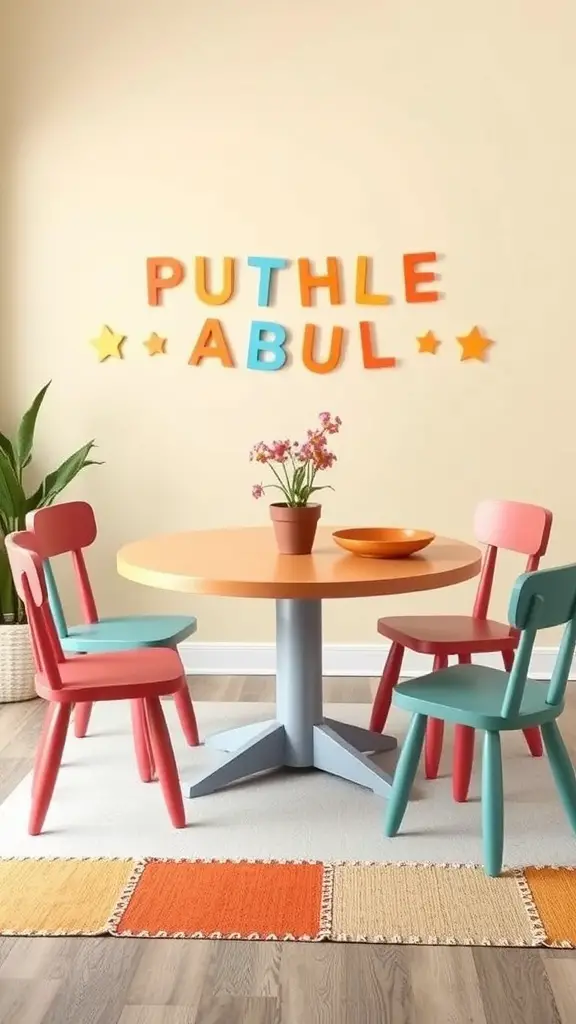 23 Creative Round Dining Table Ideas for Your Home 12 A colorful round dining table with four differently colored chairs and a potted plant in the center.
