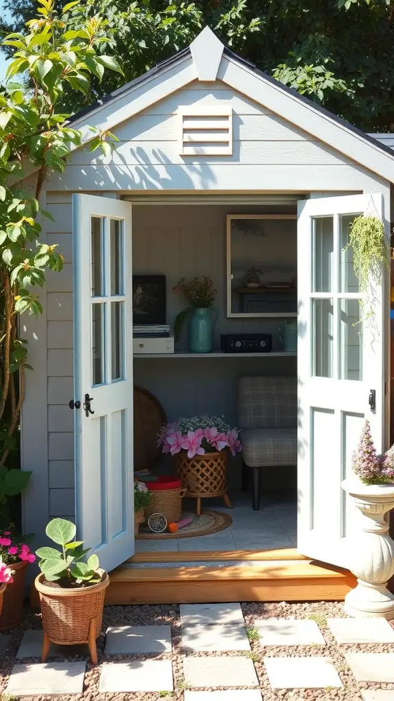 25 Clever Outdoor Storage Ideas to Maximize Space 2 A stylish outdoor shed with open doors, showcasing a cozy interior and potted plants.