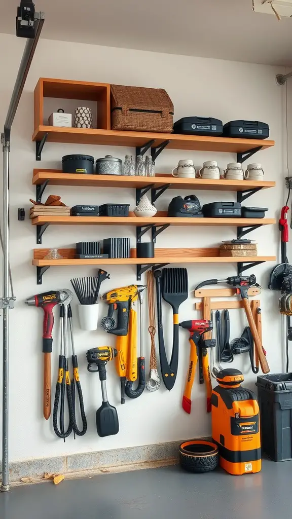 Organized garage shelving with tools and storage boxes.