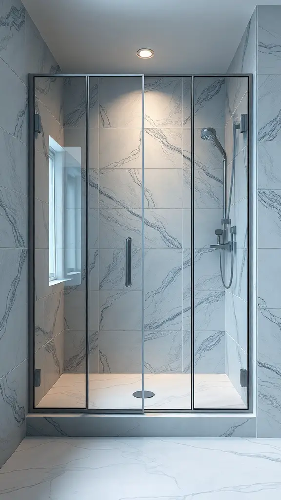 A modern glass shower enclosure with marble tiles in a stylish bathroom setting.