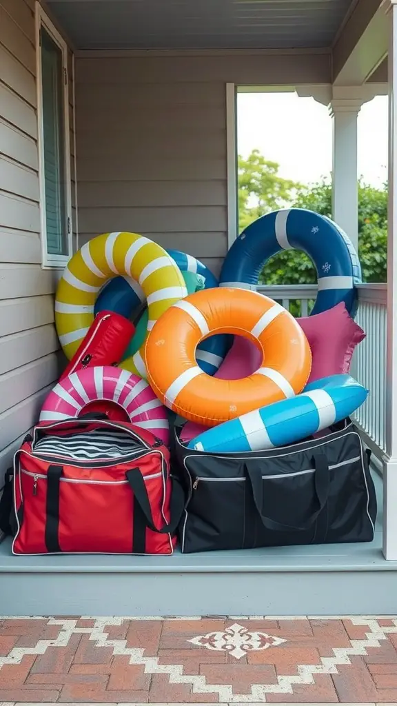 19 Creative Pool Float Storage Ideas You'll Love 13 Colorful pool floats and stylish storage bags on a porch