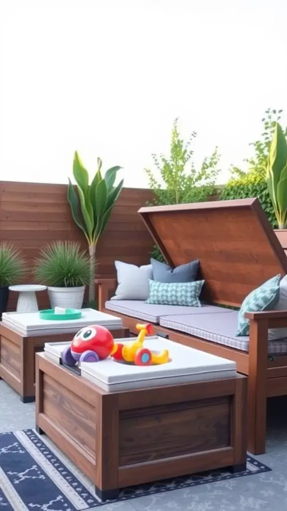 23 Creative Outdoor Toy Storage Ideas for a Clutter-Free Yard 16 Stylish outdoor storage ottoman with seating, surrounded by greenery