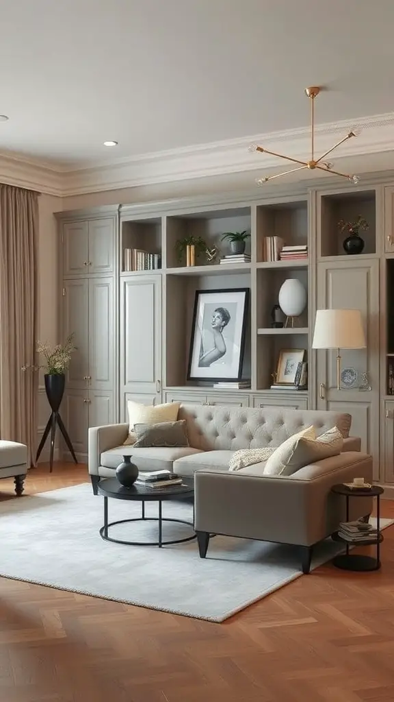 25 Creative Living Room Toy Storage Ideas for a Clutter-Free Space 16 A stylish living room with a modern couch, built-in shelves, and a chic coffee table, showcasing elegant toy storage solutions.