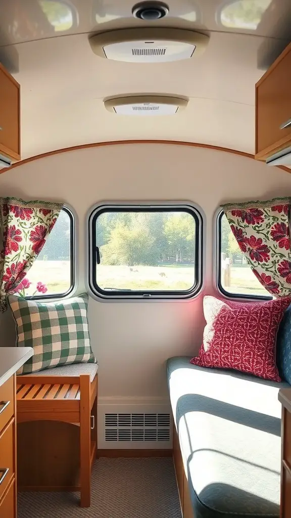Cozy camper interior with floral window treatments and cushions.