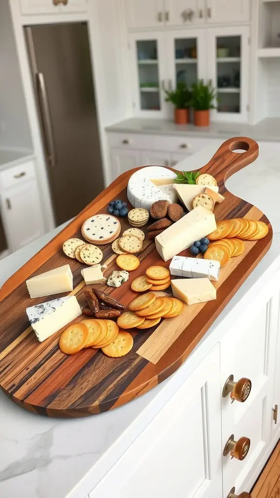 A beautifully arranged wooden cutting board featuring various cheeses, crackers, and blueberries on a kitchen island.