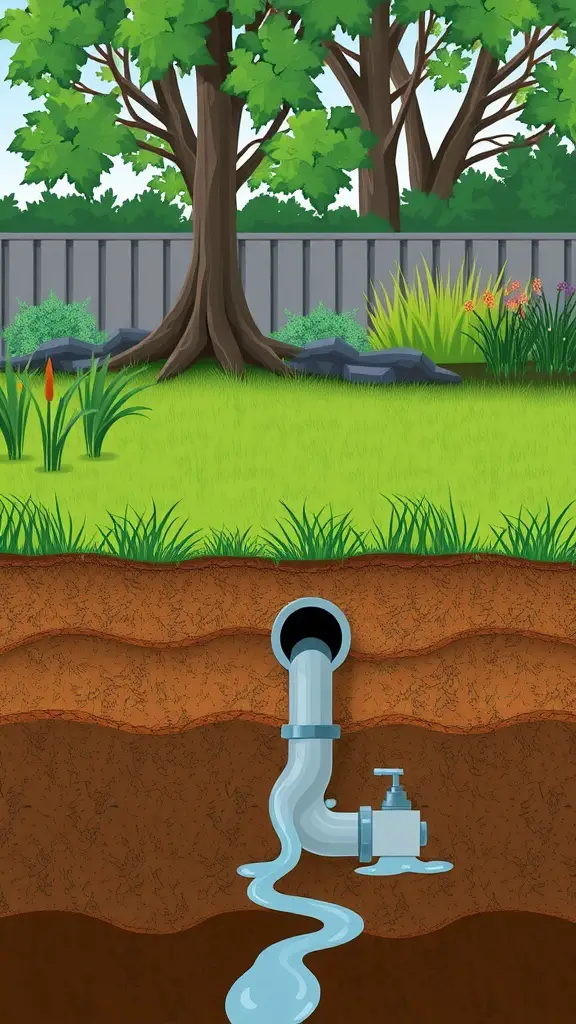 25 Creative Yard Drainage Ideas to Transform Your Outdoor Space 13 Illustration of a subsurface drainage system with a pipe underground managing water flow in a yard.