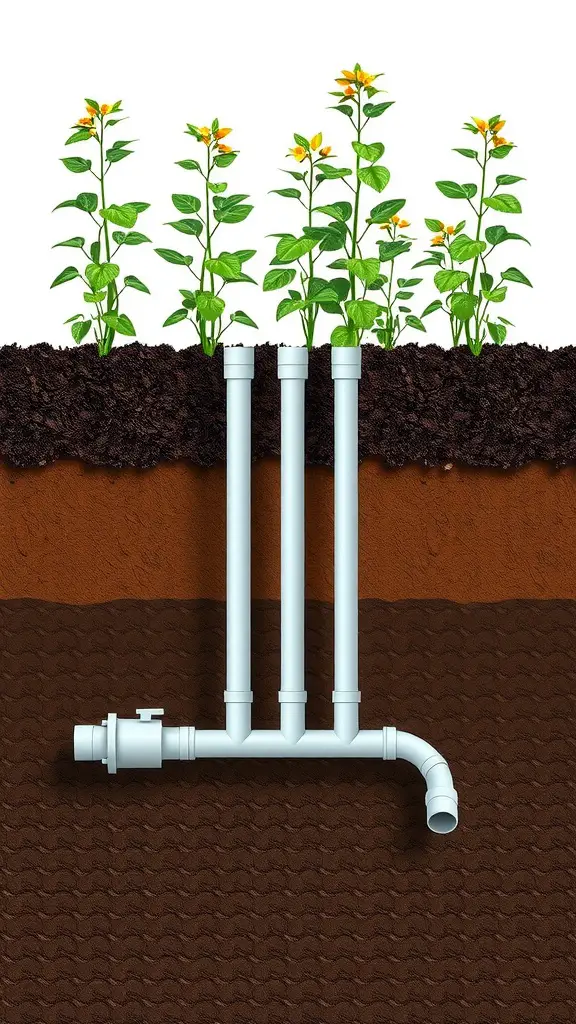 15 Creative Garden Irrigation Ideas for a Thriving Garden 7 Illustration of subsurface irrigation system with pipes and plants growing above.