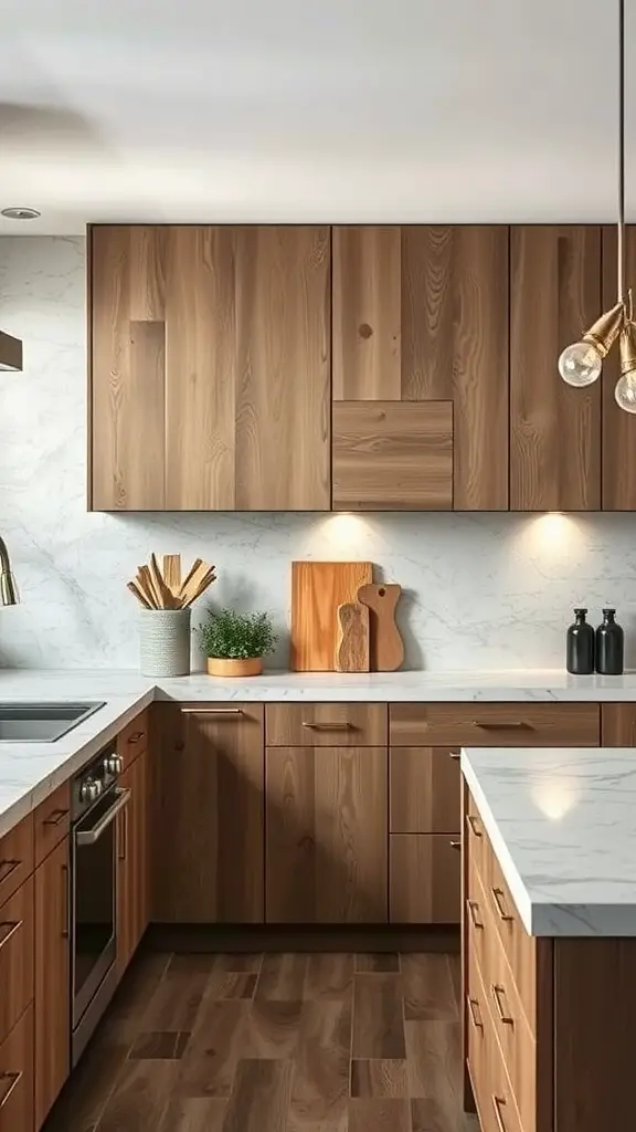 A modern kitchen featuring wooden cabinets and marble countertops.