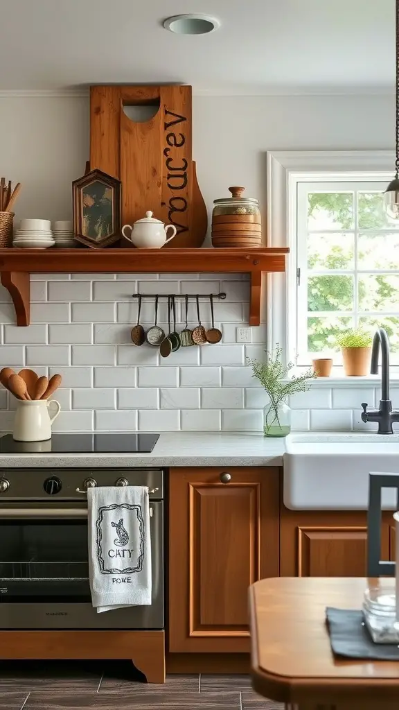 A cozy French cottage kitchen featuring a white subway tile backsplash, wooden cabinets, and decorative items on the shelf.