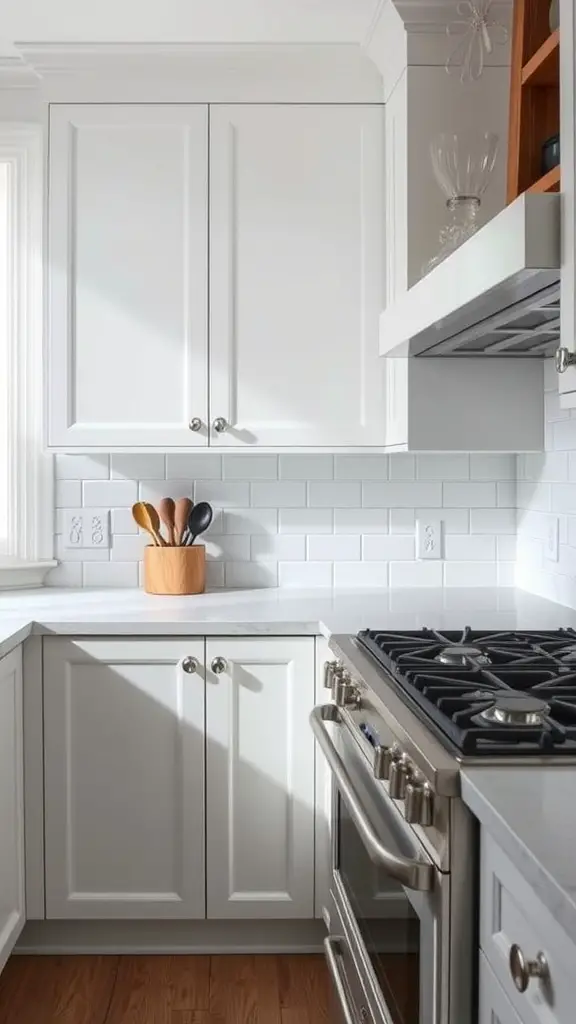 A bright and modern farmhouse kitchen featuring a white subway tile backsplash, white cabinetry, and a wooden utensil holder.