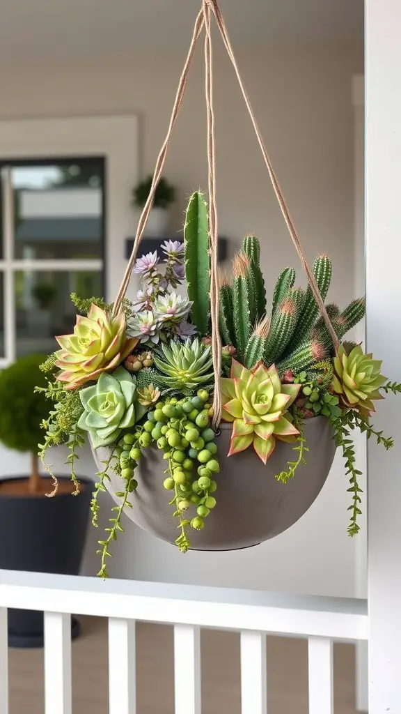 A hanging basket filled with various succulents and cacti, displaying vibrant colors and textures.