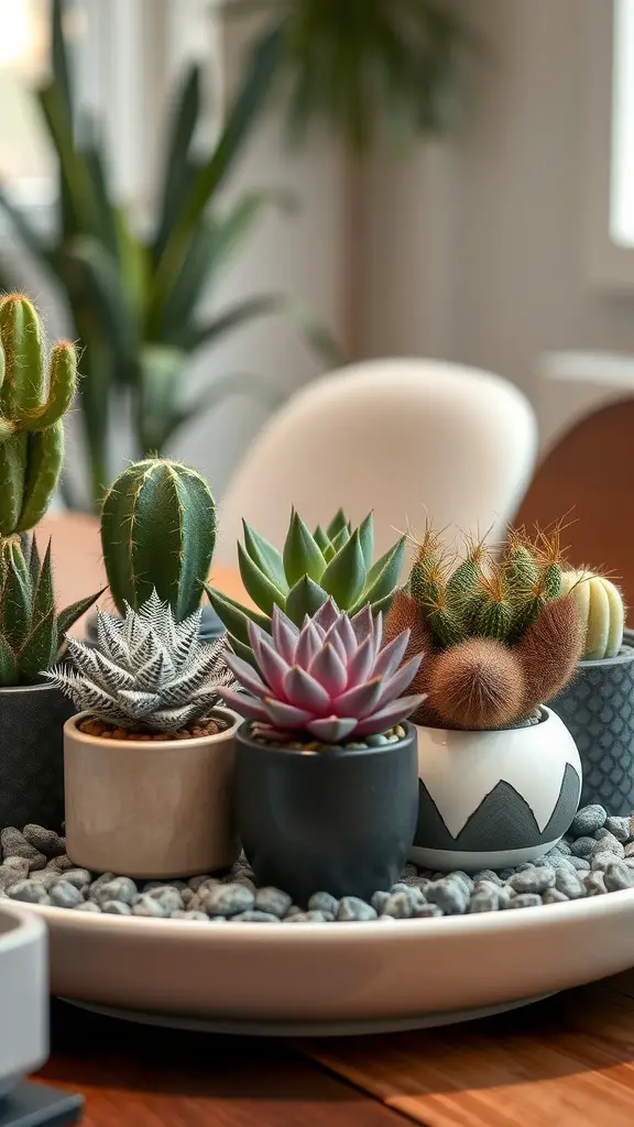 A variety of succulents and cacti in decorative pots arranged on a tray with pebbles.