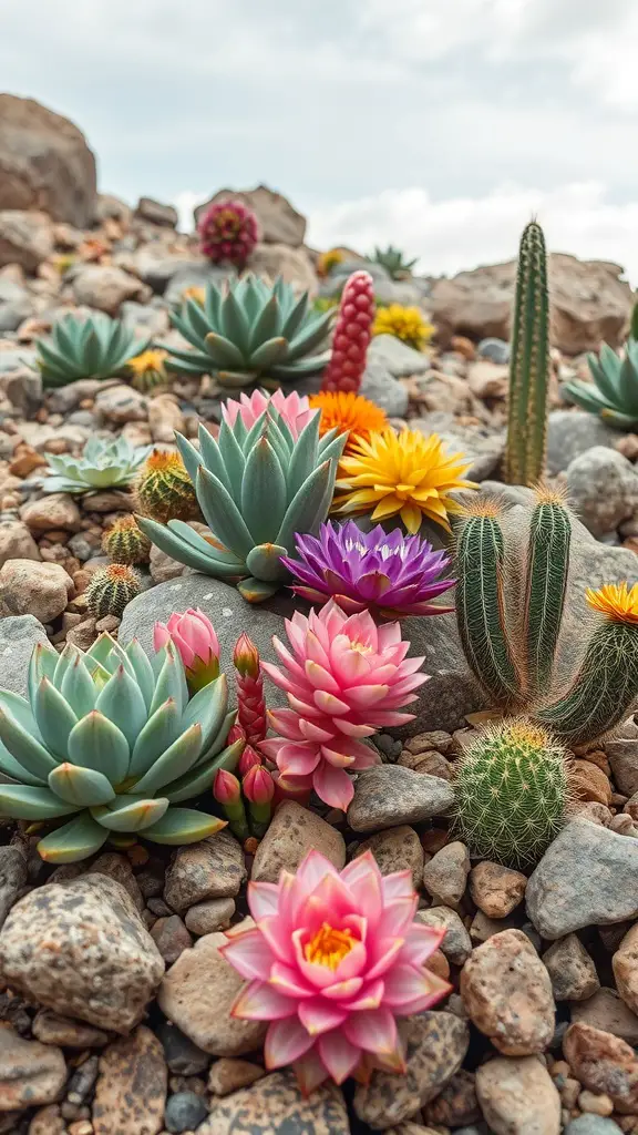 19 Stunning Rock Garden Landscaping Ideas to Transform Your Outdoor Space 9 A colorful arrangement of succulents and cacti among rocks in a rock garden setting.