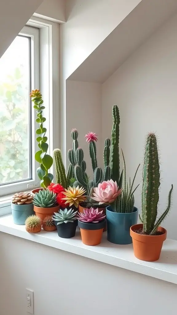A collection of colorful succulents and tall cacti arranged on a windowsill