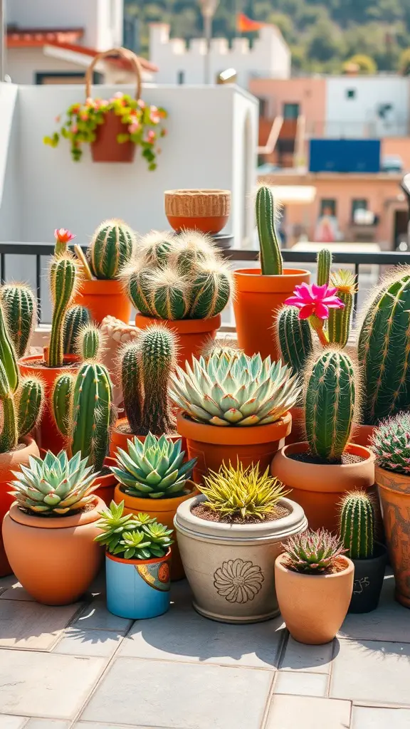 A vibrant display of various succulents and cacti in terracotta pots, showcasing an outdoor plant room.
