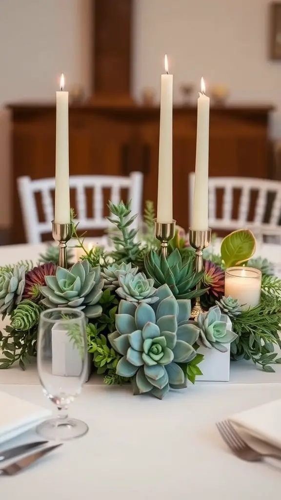 25 Stunning Wedding Table Centerpieces to Inspire Your Big Day 2 A wedding table centerpiece featuring succulents and tall candles