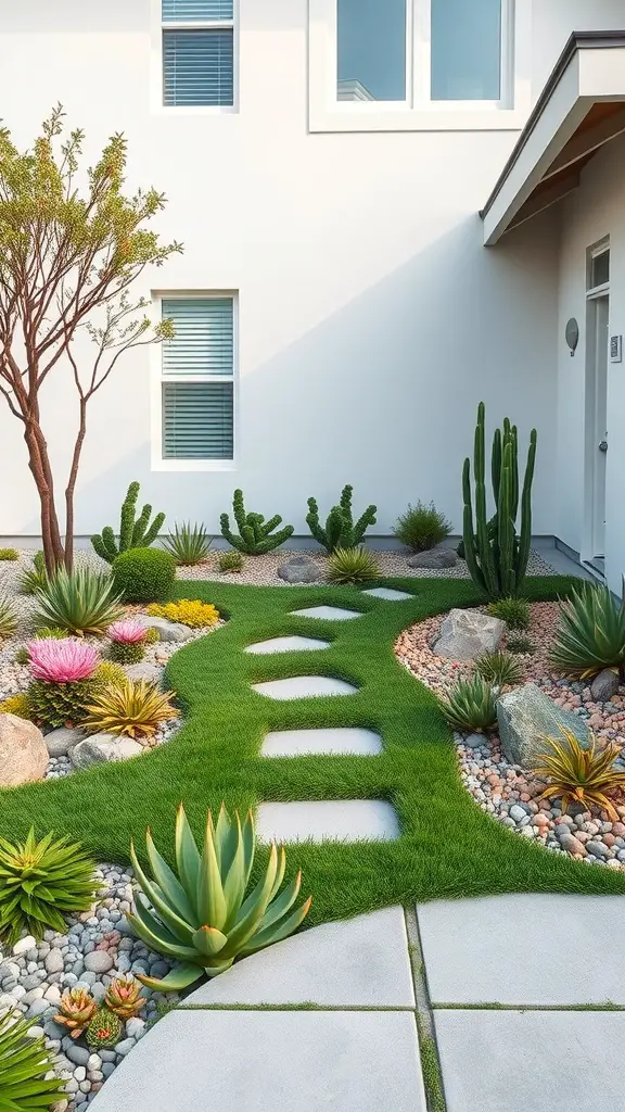 13 Stunning No Grass Front Yard Ideas for a Low-Maintenance Landscape 15 A modern front yard featuring a gravel pathway surrounded by various succulents and cacti, with colorful flowers and decorative stones.