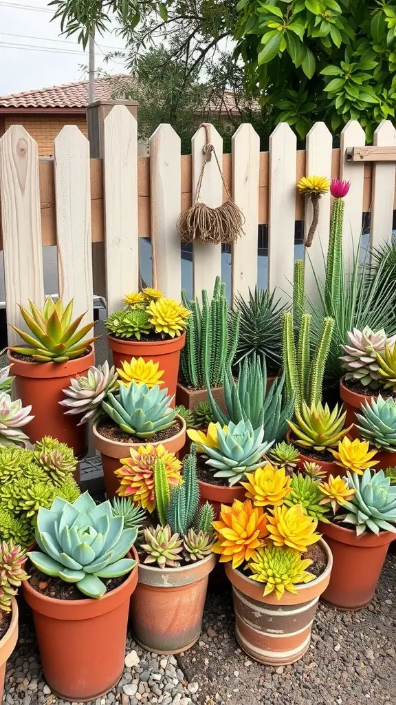 17 Creative Landscaping Ideas for Your Fence Area 8 Colorful arrangement of various succulents in pots along a wooden fence.