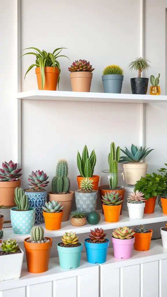 19 Indoor Plant Styling Ideas to Elevate Your Space 10 A shelf filled with various succulent plants in colorful pots.