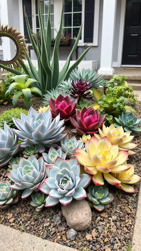 19 Stunning Small Front Yard Landscaping Ideas 13 A colorful display of various succulents in a front yard landscaping setting.
