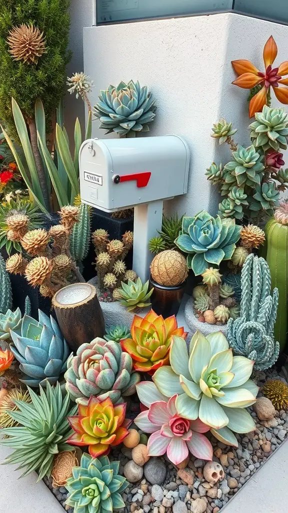 17 Creative Mailbox Landscaping Ideas You’ll Love 6 A vibrant succulent garden surrounding a mailbox with various colorful succulent plants and decorative stones.