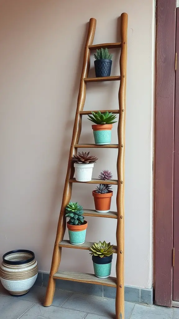 21 Stunning Indoor Plant Wall Designs Featuring Succulents 15 A wooden ladder displaying various colorful succulent pots against a wall.