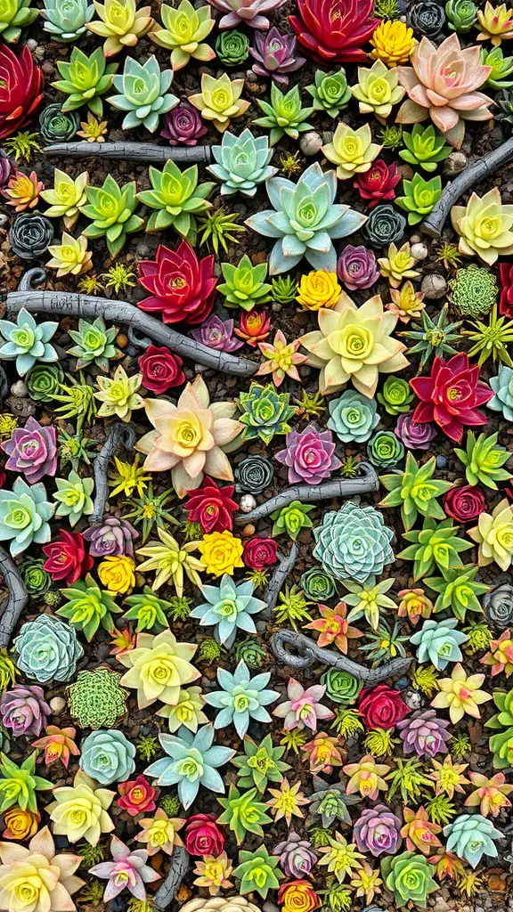 21 Stunning Indoor Plant Wall Designs Featuring Succulents 12 Colorful succulent mosaic wall art featuring various shapes and sizes of succulents arranged beautifully.